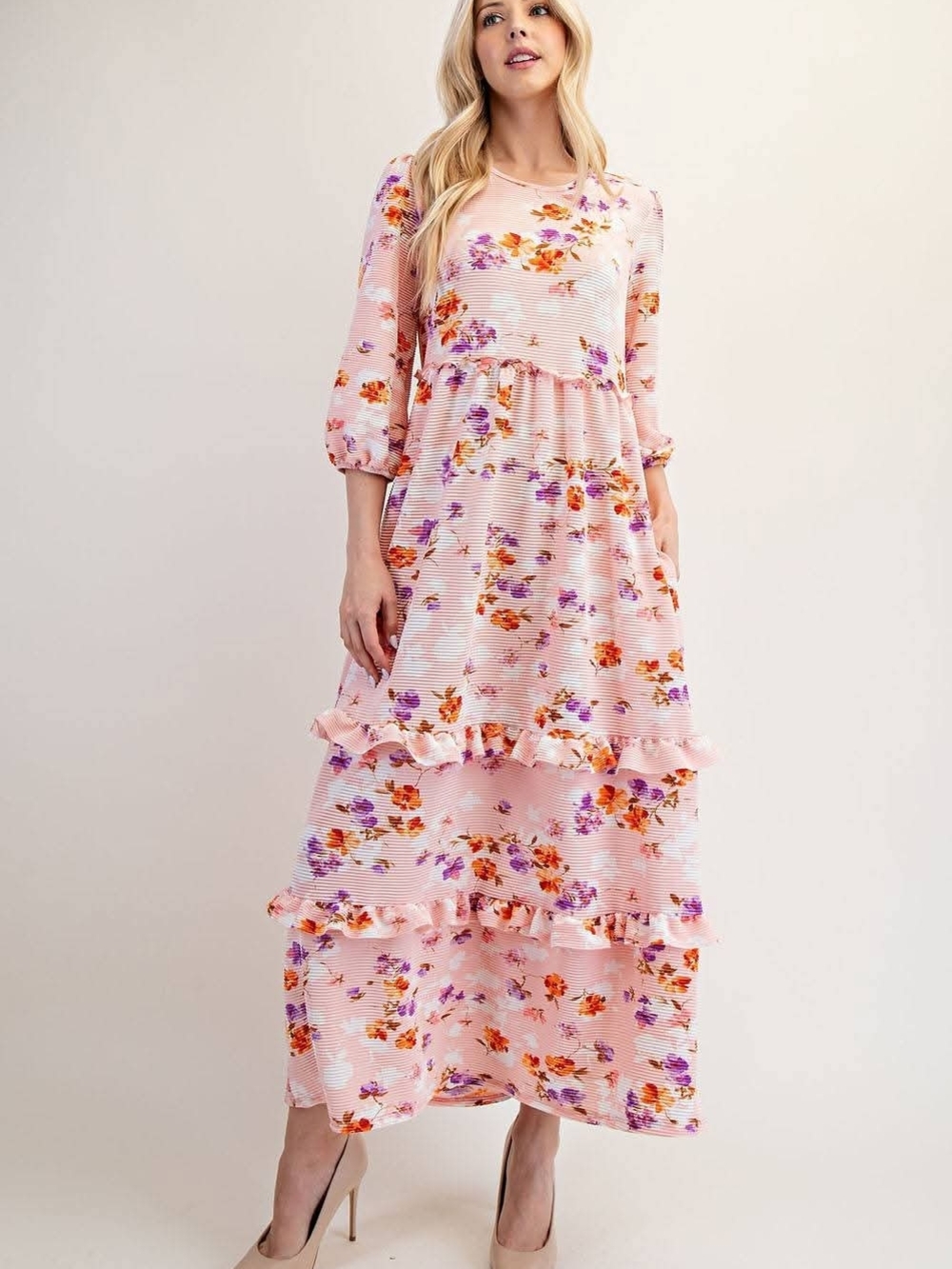 Celeste Pink Floral Ruffle Maxi Dress